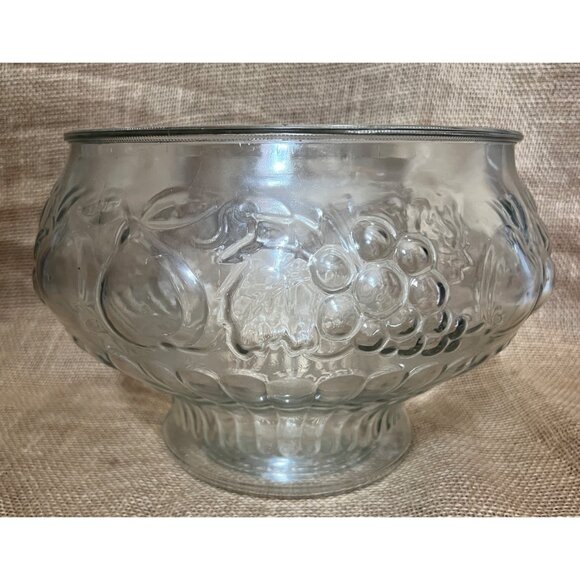 Glass Fruit Bowl Fruit Etching 10" Diameter Clear Molded Grapes Apples Pears Pea - Picture 1 of 9